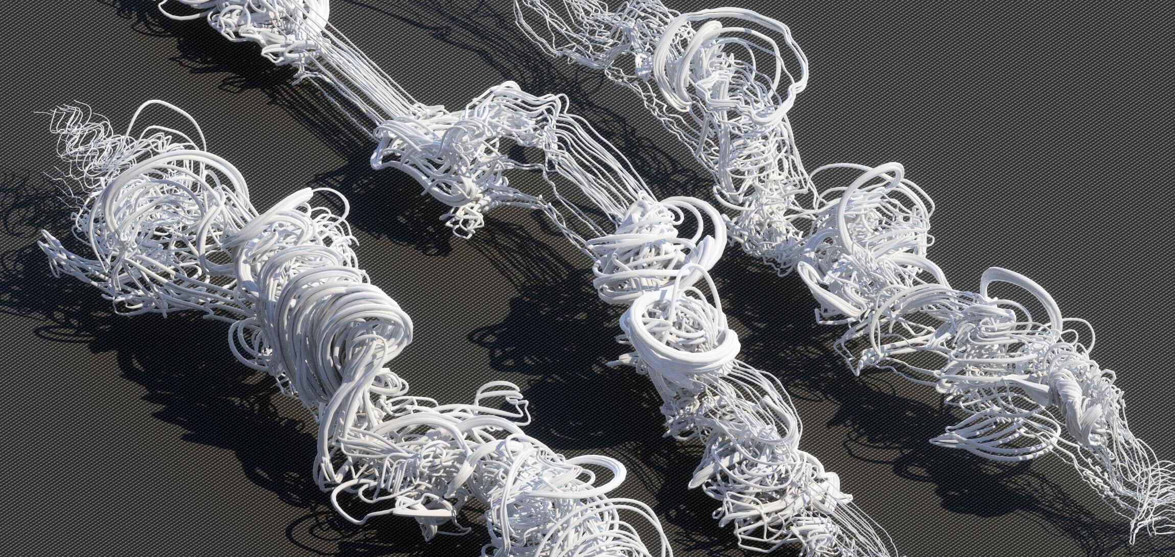 three renderings of dancers' movement in motion capture. 3 groups of twisted spaghetti like strands