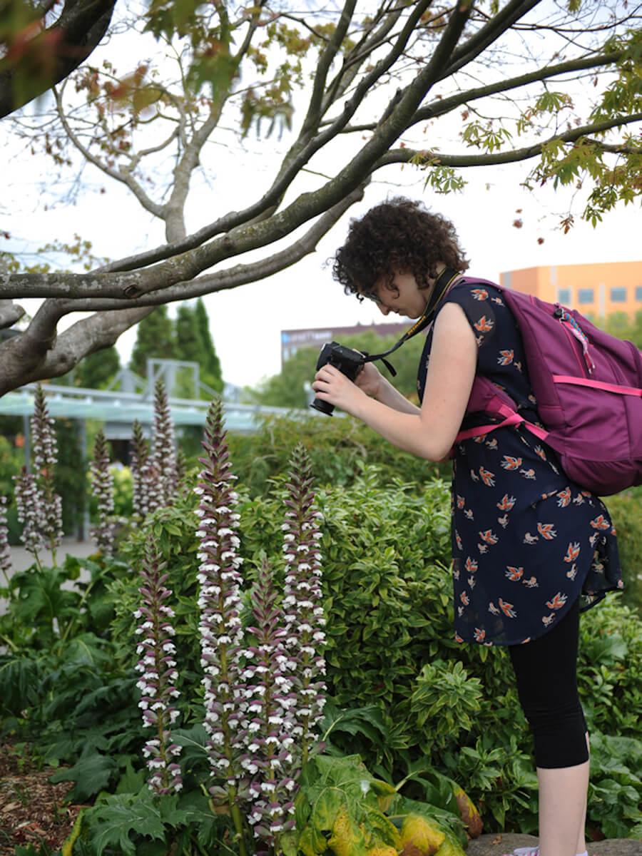 student using manual camera to take picture of hollyhocks