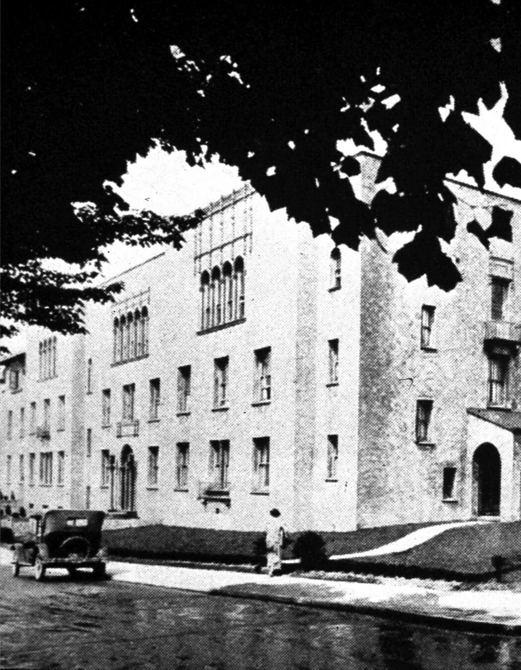 the old school building in black or white