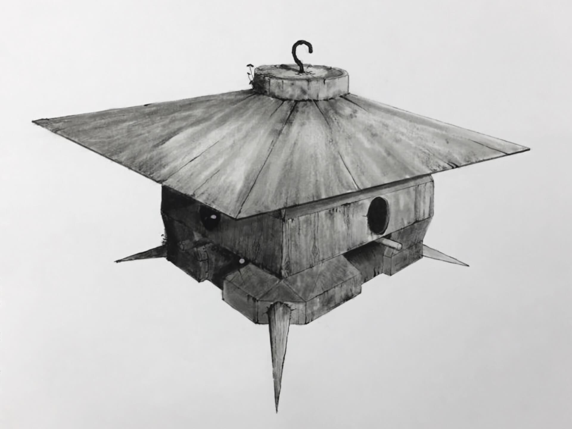 Black and white drawing of a Japanese-inspired bird house