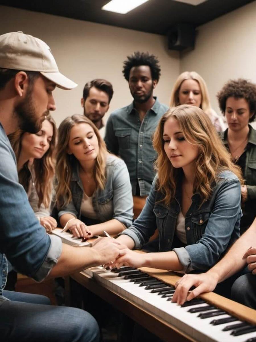 Group of songwriters around a piano discussing music. 