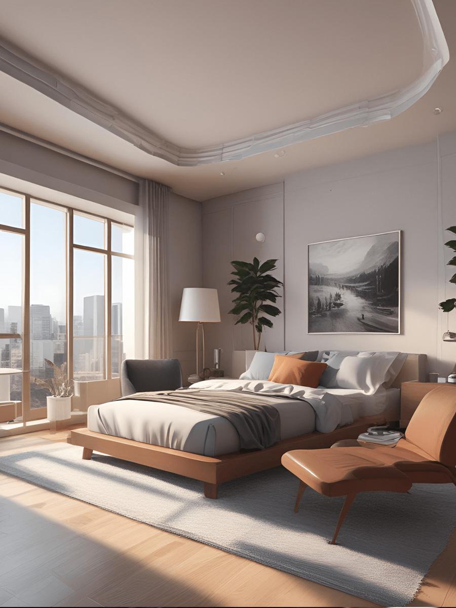 VR interior architecture rendering example of a room with big windows and grey couches