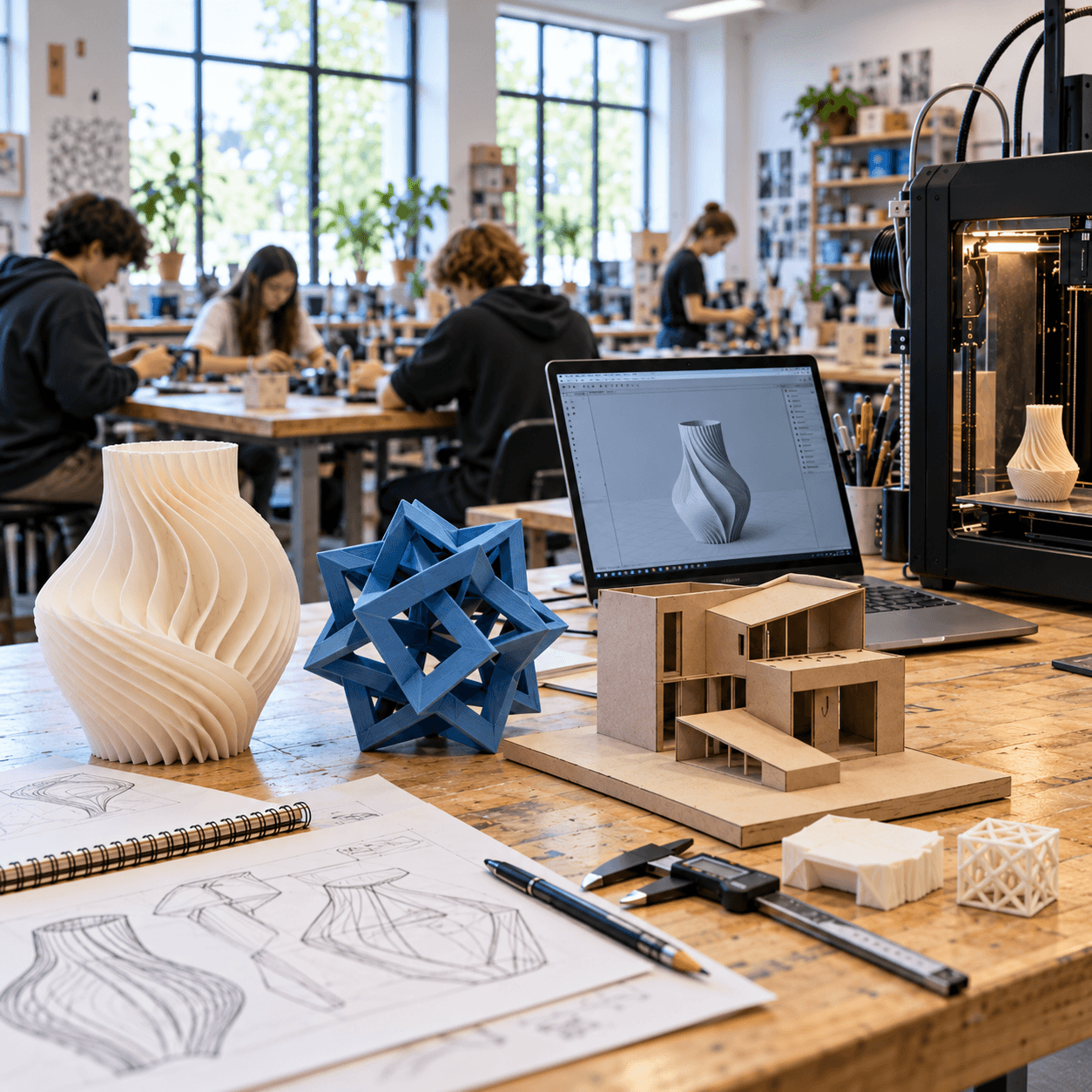 students in a classroom working on digital fabrication items