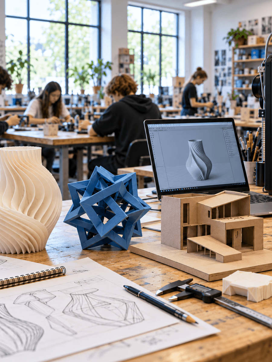 students working in a classroom on digital fabrication devices