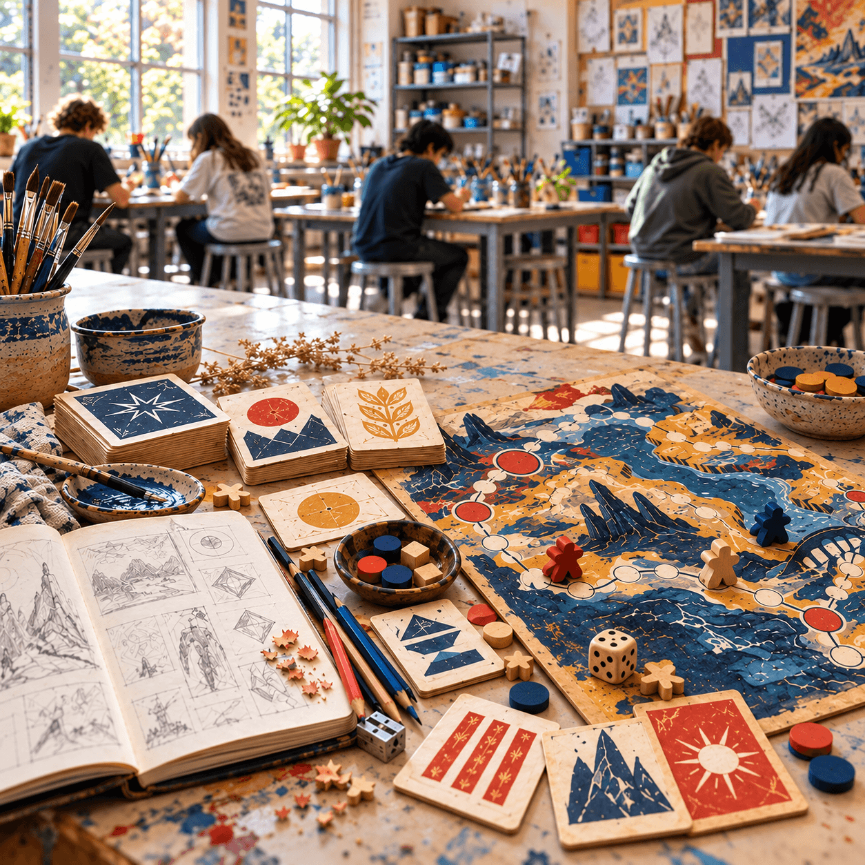 card game art design and colorful supplies with paint on a desk