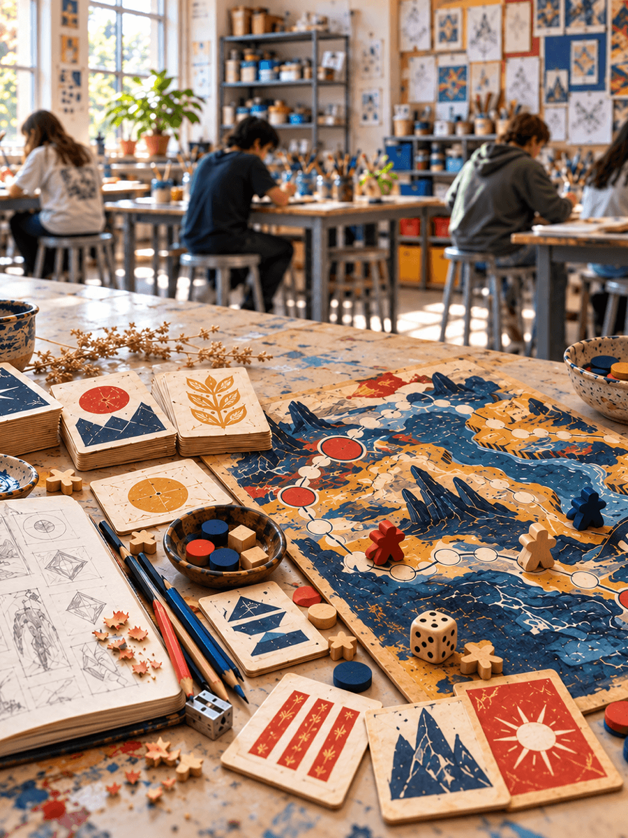 card game art design and colorful supplies with paint on a desk