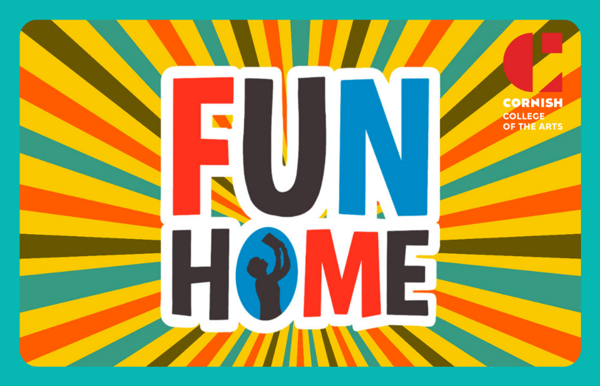 brightly colored striped background with words "fun home" in bold colors